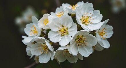Obraz premium Cluster of white flowers representing purity and freshness, with yellow stamens