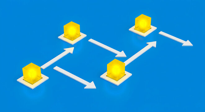 Isometric view of yellow cubes and white arrows on a blue background showing a network path flow