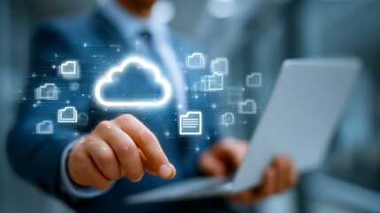 Cloud Computing Interaction Business Person Engaging with Digital Cloud Storage and File Manag