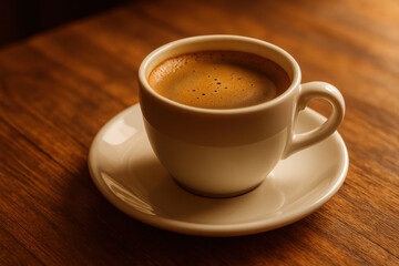 Fototapeta premium Steaming cup of coffee resting on a wooden table.