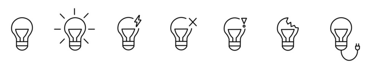Lightbulb Icon Set – Linear Light Bulb, Idea and Creativity Symbol, Vector Illustration