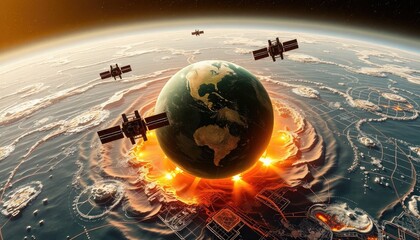 Earth from space, satellites, future city, digital network