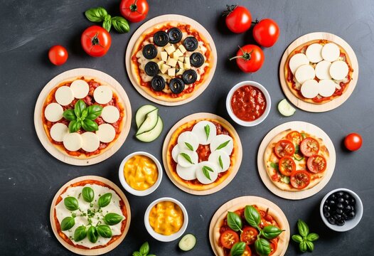A variety of pizzas with different toppings on a table.