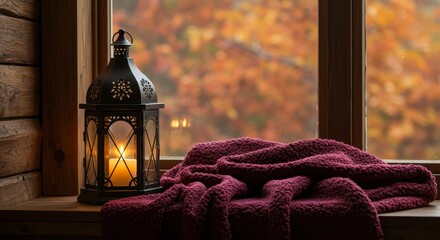 Obraz premium Cozy Autumn Window Scene with Lantern and Blanket - Warm autumn ambiance, cozy blanket, glowing lantern, fall colors, peaceful serenity. Symbolizing comfort, relaxation, warmth, tranquility