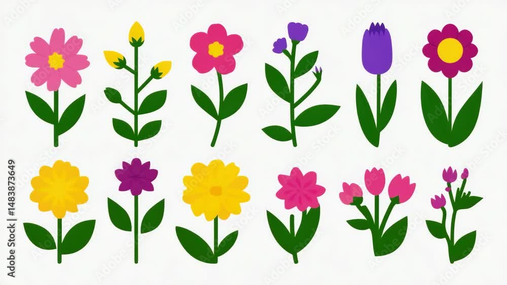 Poster a collection of colorful flowers with different shapes and sizes. the flowers are arranged in a row,
