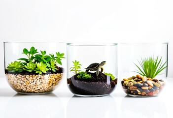 A table topped with bowls filled with plants and rocks.