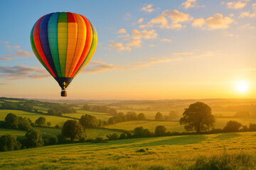 Fototapeta premium Hot air balloon floating over green fields at sunset.