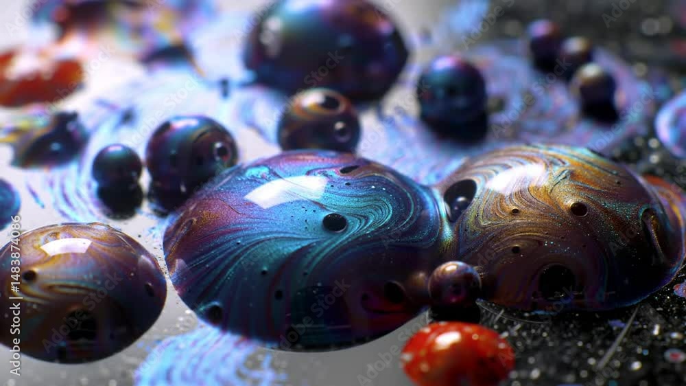 Poster fluid alchemy shimmering drops merged together with spectral color and light effects