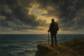 Man standing on cliff overlooking ocean in painting.