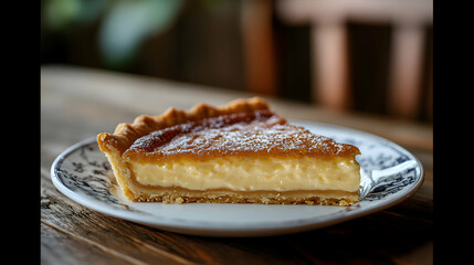 An elegant Tarta de Almendra, Almond Tart, with a perfectly golden almond crust and rich almond cream filling, set on a fine china plate