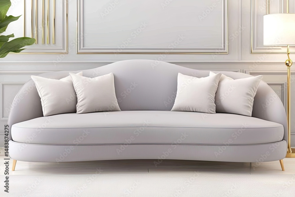 Poster elegant curved sofa with soft cushions in a modern setting