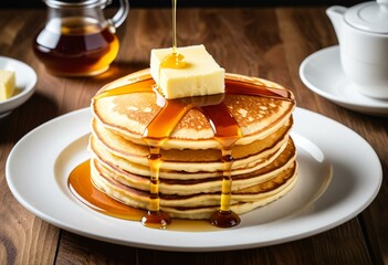 A stack of pancakes with butter and syrup on a plate.