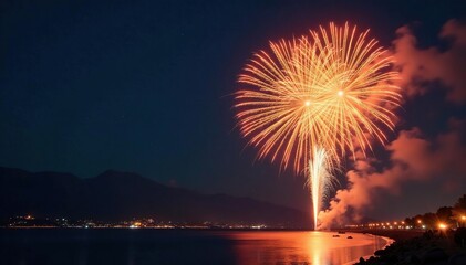 Spectacular golden firework bursts against a night sky, celebrating a triumphant victory , beautiful, sky, gold