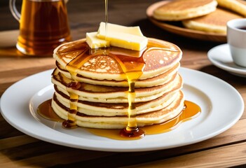 A stack of pancakes with butter and syrup on a plate.