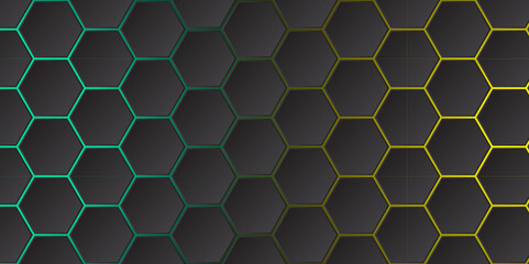 Abstract blue and yellow gradient with dark hexagon. Abstract hexagonal background on gradient.