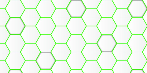 Abstract Hexagon white background, green light and shadow. Abstract background design with white hexagon and green light. Abstract. Hexagon. Vector.	