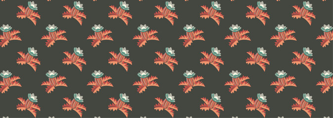 Seamless Retro Floral Pattern. Geometric Flower Design on Dark Background.