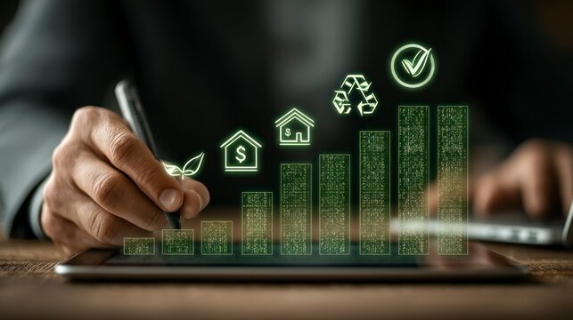 Businessman Analyzing Sustainable Finance with Digital Tablet and Green Icons