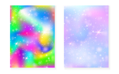 Fototapeta premium Kawaii background with rainbow princess gradient. Magic unicorn hologram. Holographic fairy set. Creative fantasy cover. Kawaii background with sparkles and stars for cute girl party invitation.