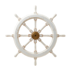 Obraz premium Vintage wooden ship wheel with weathered finish, featuring eight spokes and central brass hub, evokes nautical theme. rustic design adds maritime charm