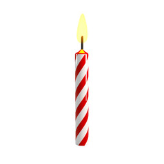 Single red and white striped candle with a lit yellow flame against a transparent background. The candle is tall and thin, perfect for celebratory imagery.