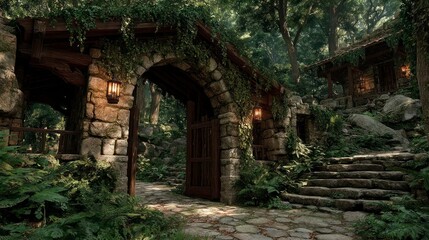 Enchanted Forest Gateway with Stone Arch and Lush Greenery Ideal for Fantasy Adventure and N