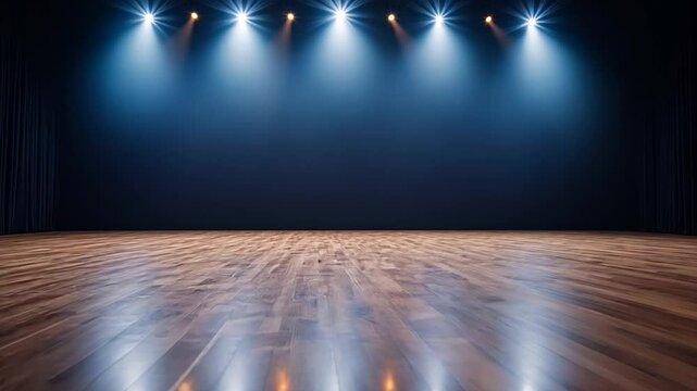 Empty stage with wooden floor and spotlights dramatic presentation background