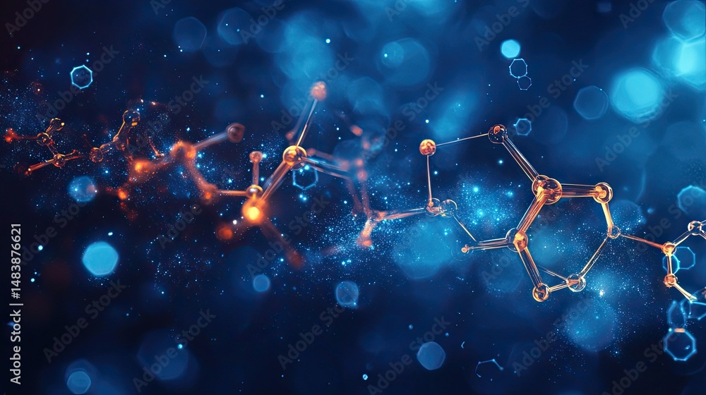Poster chemical science background illustration with molecular structures and formulas.