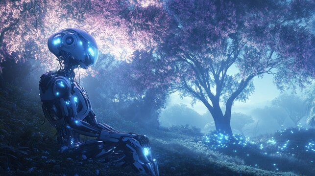 Cybernetic contemplation among ethereal blossoms in a tranquil grove