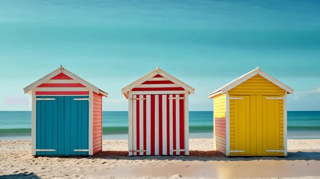Three colorful beach houses are lined up on the beach. The houses are blue, red, and yellow