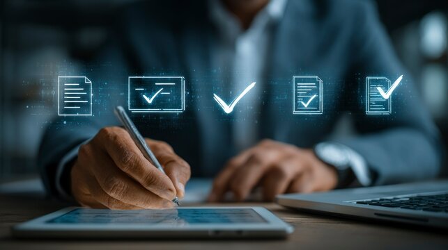 Business Professional Engaging in Digital Document Review and Approval Process with Checkmarks