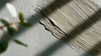 Intricate textures on a pale khaki wall reveal the artistry of dry brushing and the play of shadows in a softly lit space