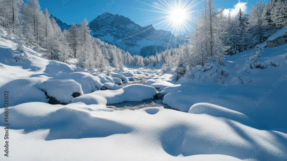 Poster a snowy mountain range with a river running through it. the sun is shining brightly, creating a beau