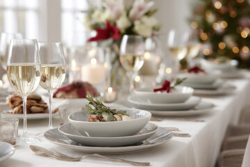 Fototapeta premium cozy christmas dinner setting on bright table adorned with festive decorations and delicious dishes