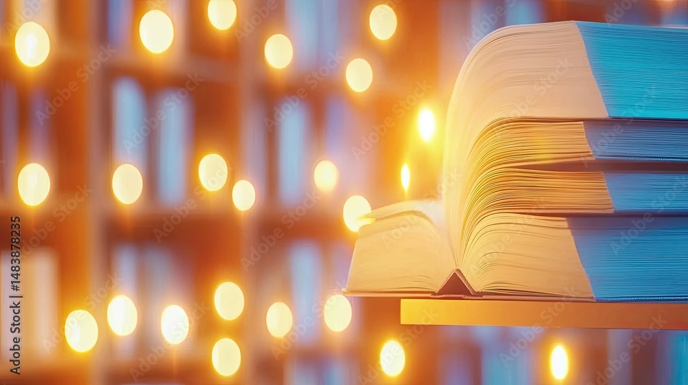 Aufkleber open book glowing in a library setting