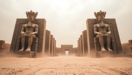 Ancient egyptian pharaoh statues in desert sands, dramatic cinematic scene.