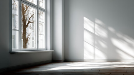 Natural light streaming through a window casts delicate shadows in a serene room with a white background and wooden floor