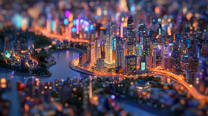 A beautiful bird's eye view of a large city with tall, lit-up buildings and colorful, varied lights. [Ocular City] | Luminous Surveillance | glowing lens. Illustration