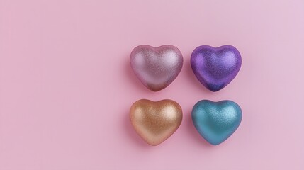 Fototapeta premium Four Glittery Hearts on Pink Background Valentines Day Decoration