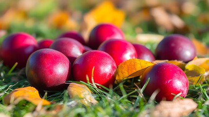 Vibrant Red Eggs Nestled in Autumn Grass