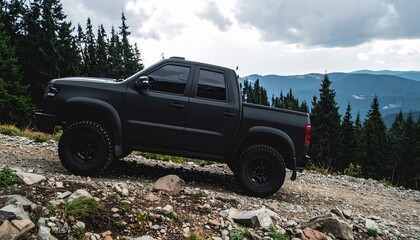 Matte Black Pickup Truck on Rocky Mountain Trail (Side View, Overcast)