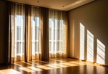 Obraz premium A room with a large window and a wooden floor.