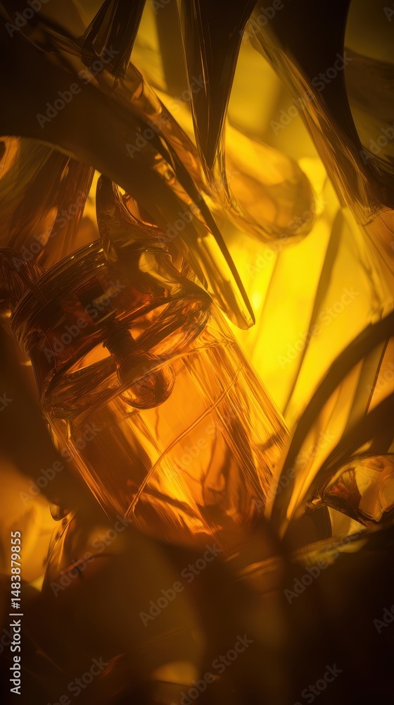 Poster abstract amber light creating artistic shadows with glass objects and contours highlighting reflecti