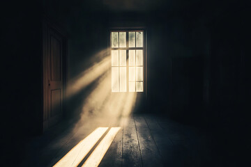 A dark room with a window letting in light and a wooden floor creating a dramatic atmosphere view