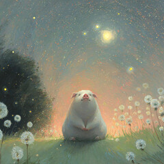 Pig Under Starry Sky Among Dandelions Grass Nighttime Fantasy Art Illustration Whimsical Night Animals Nature Serene Glowing Enchanting Dreamy Wildlife Surrealism Tranquility Outdoors