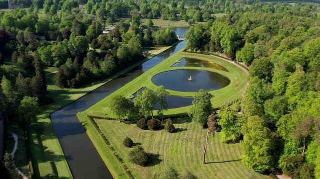 Drone footage capturing the beautifully landscaped Studley Royal Water Garden. The formal gardens, canals, and woodland create a stunning historical landscape.