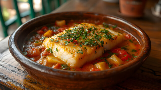 Bacalao a la Vizca?na, Biscay-style Cod, with tender cod in a rich red pepper sauce, served in a traditional dish
