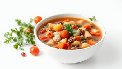 3D Render of Italian Minestrone Soup in White Bowl Isolated on White Background