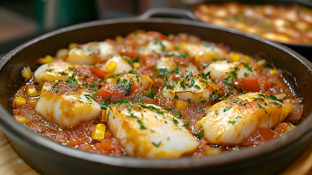 Bacalao a la Vizca?na, Biscay-style Cod, with tender cod in a rich red pepper sauce, served in a traditional dish