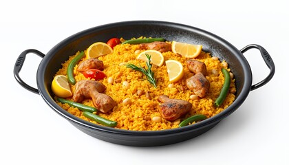 Fototapeta premium 3D Render of Paella Valenciana with Chicken and Vegetables in Dark Pan Isolated on White Background